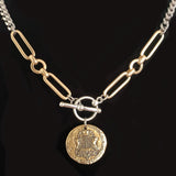silver and gold christian coin cable link necklace
