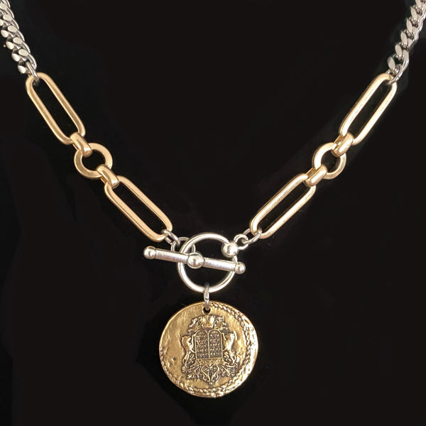 silver and gold christian coin cable link necklace
