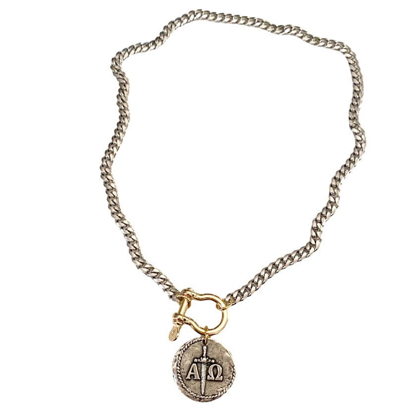 Alpha and Omega Mixed Metal Reversible Coin Necklace