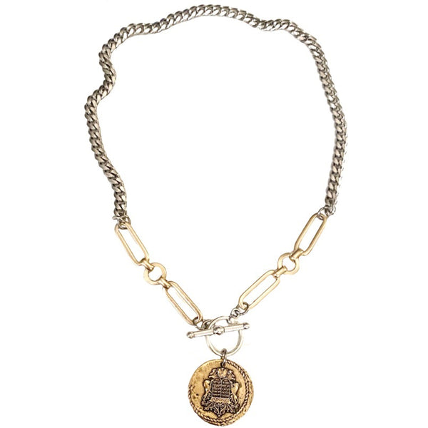 silver and gold christian coin cable link necklace
