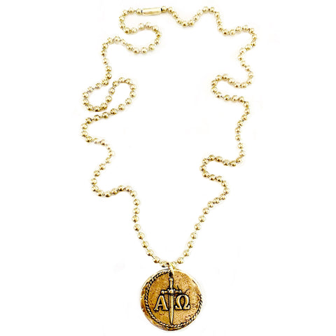 New! Large Alpha and Omega Reversible Coin Stainless Ball Chain Necklace