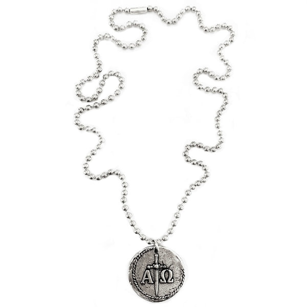 Gold or Silver Alpha & Omega Coin Pendant Necklace on stainless  steel ball chain