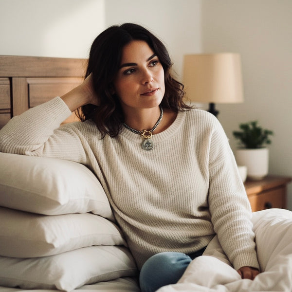 Woman sitting on a bed in a cozy bedroom setting. wearing a chunky gold and silver necklace
