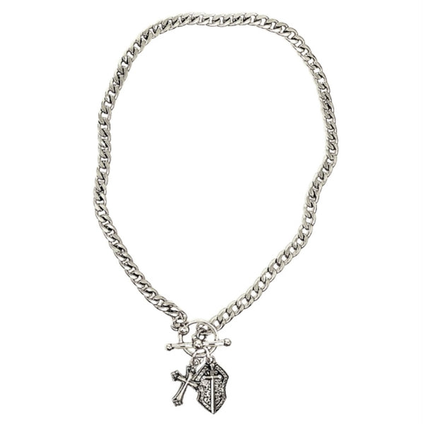 Heavy sterling silver plated cross and shield necklace