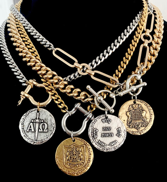 silver and gold christian coin cable link necklaces