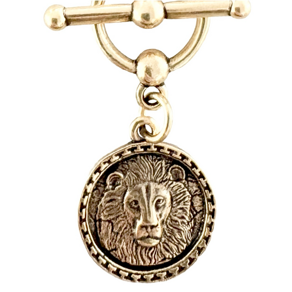 gold lion coin pendant on toggle paperclip chain