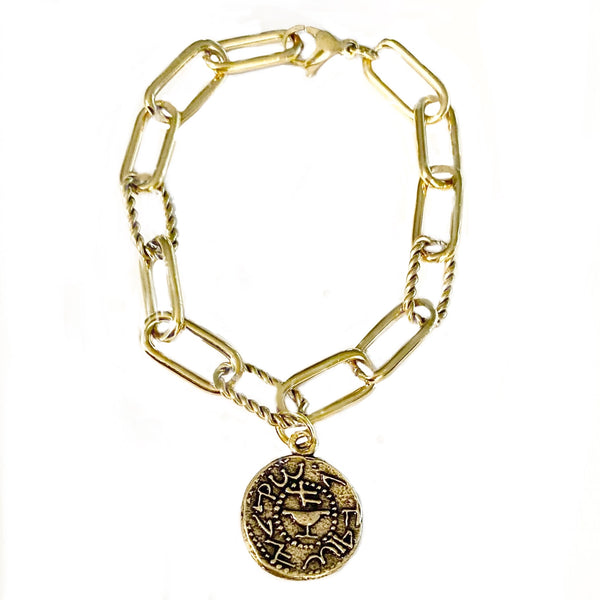 Jewish shekel coin charm bracelet in silver or gold