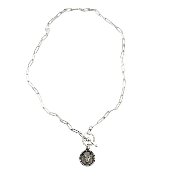 silver paperclip lion pendant toggle necklace