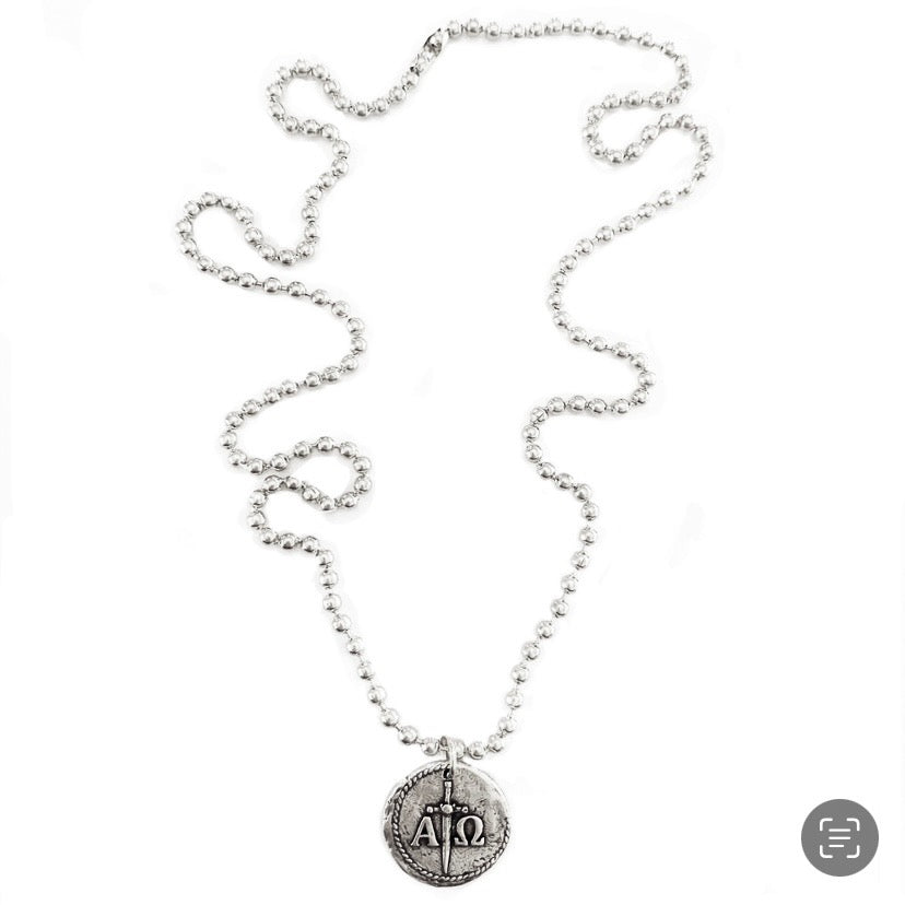 Alpha and Omega Reversible Coin Stainless Ball Chain Necklace