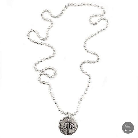 New! Alpha and Omega Reversible Coin Stainless Ball Chain Necklace