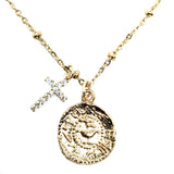 Gold cz diamond cross coin necklace 