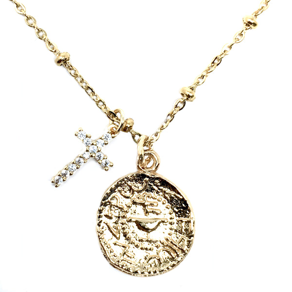 Gold cz diamond cross coin necklace
