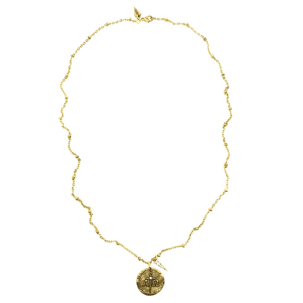 Bbeni alpha omega Greek Christian cz coin satellite necklace