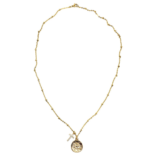 Gold and diamond cz coin and cross necklace