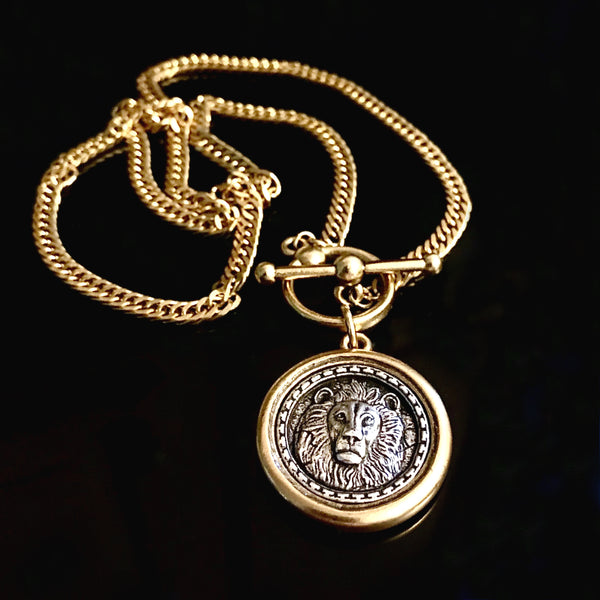 Gold silver lion coin necklace