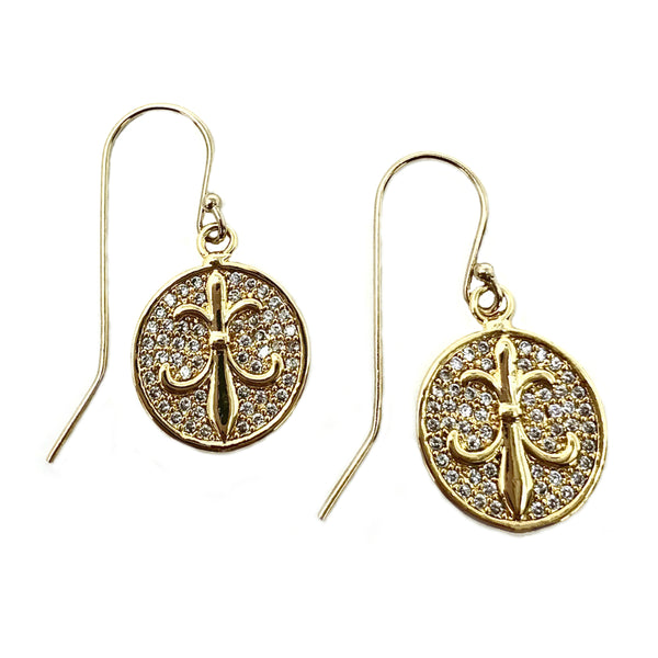 Bbeni cz diamond gold pave fleur de lis dangle earrings