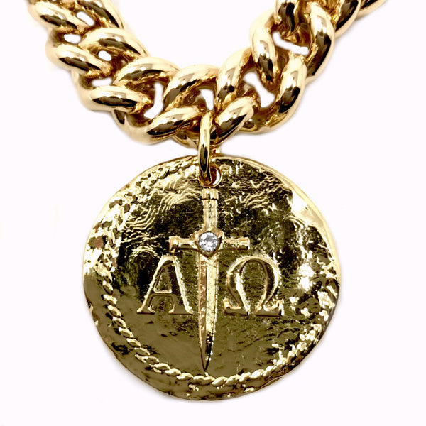 Bbeni alpha omega gold coin on Miami Cuban chain necklace