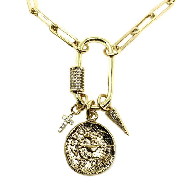 Bbeni diamond cz fleur de lis coin bar link necklace