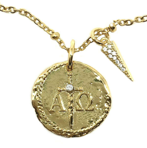 Bbeni alpha omega Greek Christian coin cz necklace
