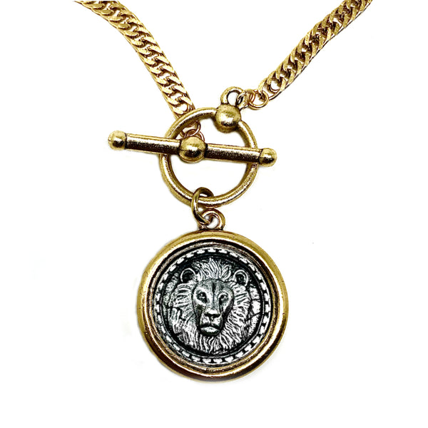 Bbeni gold and silver lion coin toggle necklace