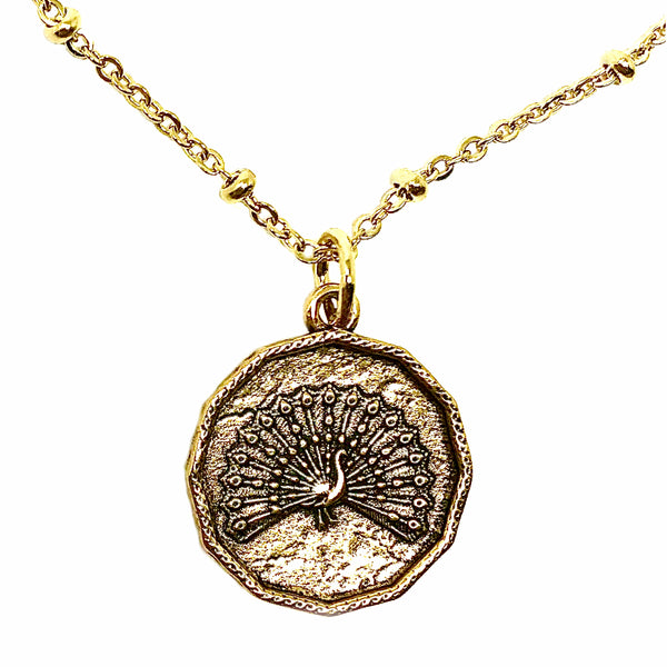 Bbeni peacock coin beaded chain necklace