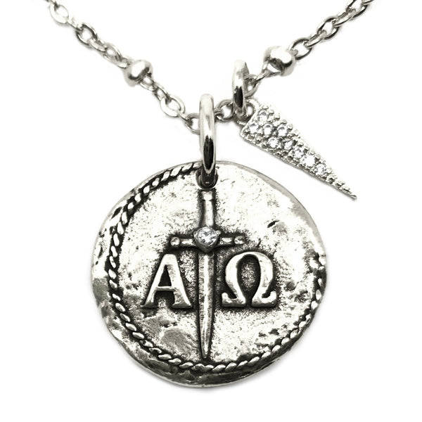 Bbeni alpha omega Greek Christian coin cz necklace
