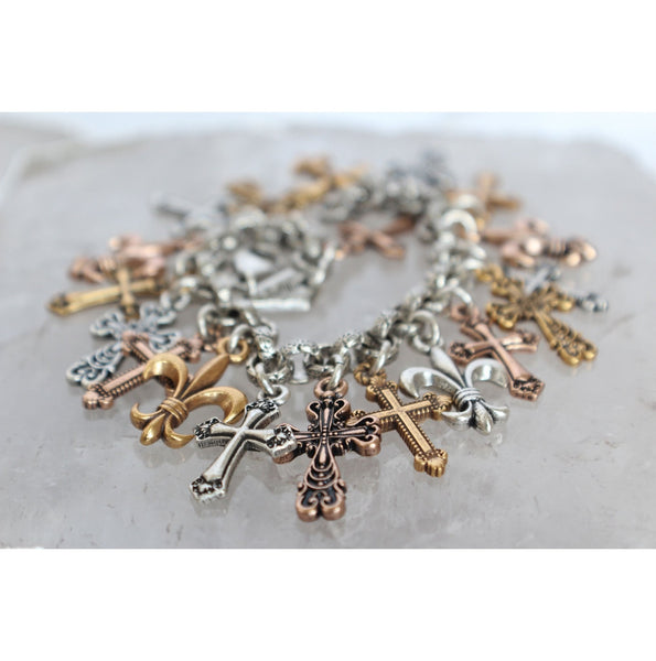 bbeni Allegra tri-tone silver, rose and gold cross charm expandable bracelet