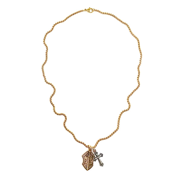 two tone gold silver stainless shield cross necklace