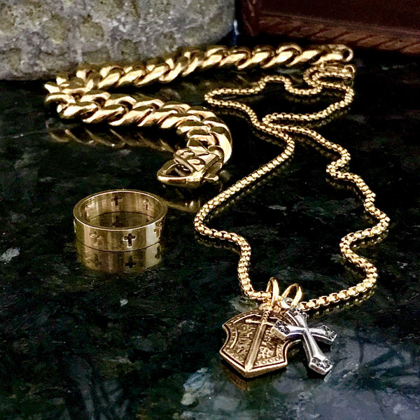 two tone gold silver stainless shield cross necklace