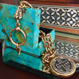 Solid brass gold plated Christian charm engraved link bracelet & religious IXOYE Greek cross charm