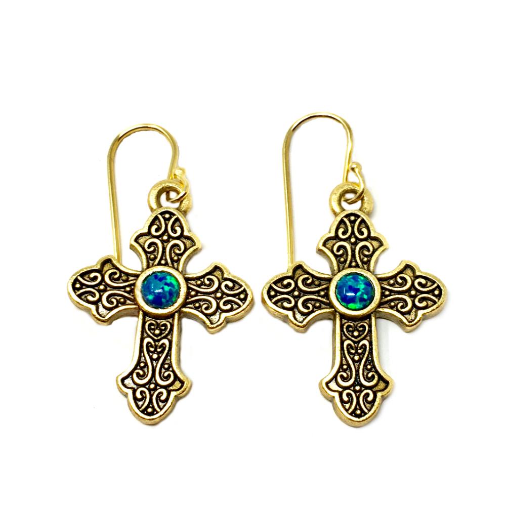 El Shaddai Gold Opal or Silver Pearl Cross Earrings