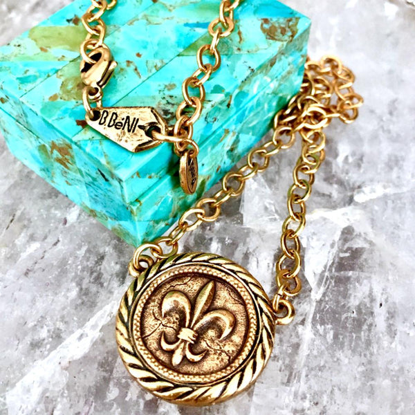 Fleur-de-Lis Gold Coin In Holder Necklace