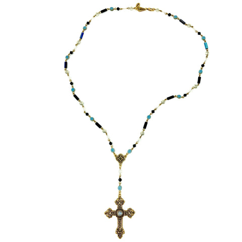 Gabriella Long Bead & Moonstone Rosary Style Cross Necklace