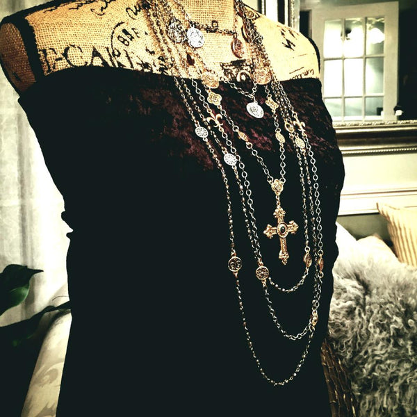 Keturah long double layer gold & silver cross necklace