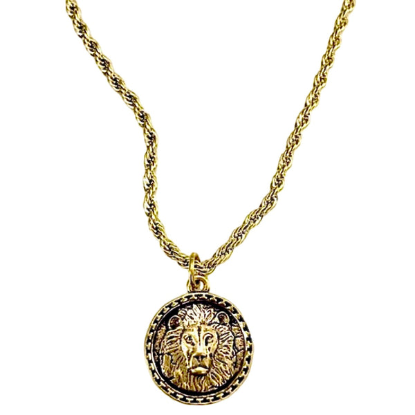 Gold or silver lion coin on rope chain