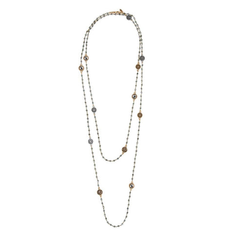 Lucia Very Long Beaded Silver & Gold Gemstone Necklace
