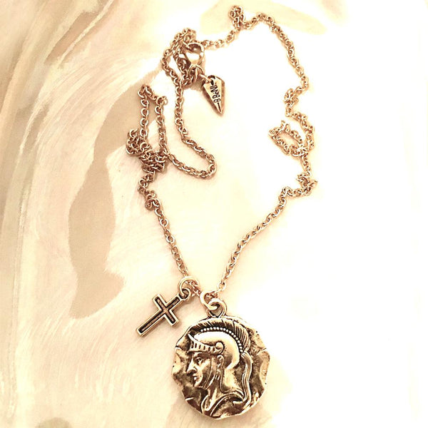 Old Roman Head Gold Coin And Cross Necklace - New!