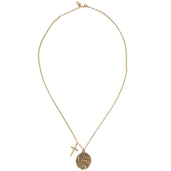 Old Spanish Gold Coin And Cross Necklace - New!