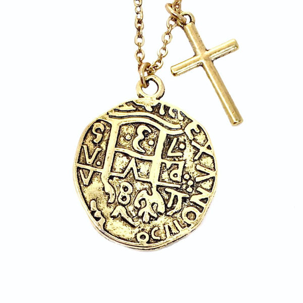 Old Spanish Gold Coin And Cross Necklace - New!