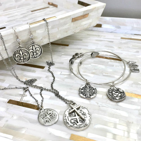 Old Spanish Silver Coin And Cross Necklace - New!