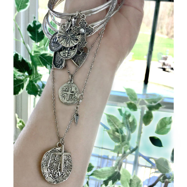 Old Spanish Silver Coin And Cross Necklace - New!