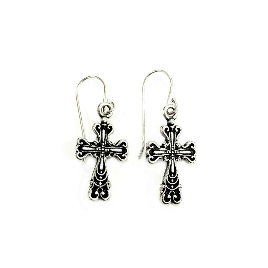 Old World Silver, Gold or Rose Gold Filigree Cross Earrings