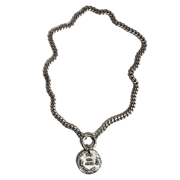 Silver coin necklace on heavy cable chain