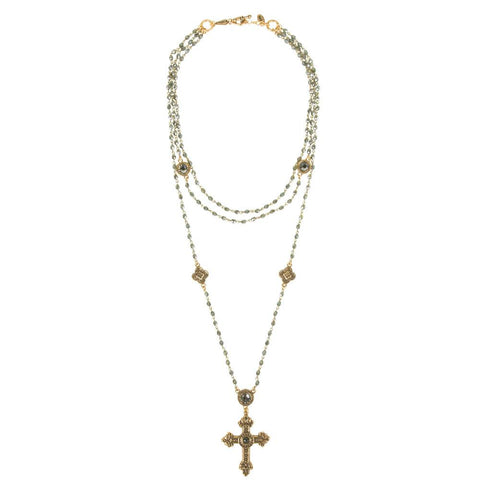 Victoire Long Layered Bead & Gemstone Cross Necklace