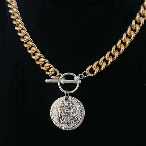 Old Jewish Coin Necklace on Miami Cuban Cable Chain