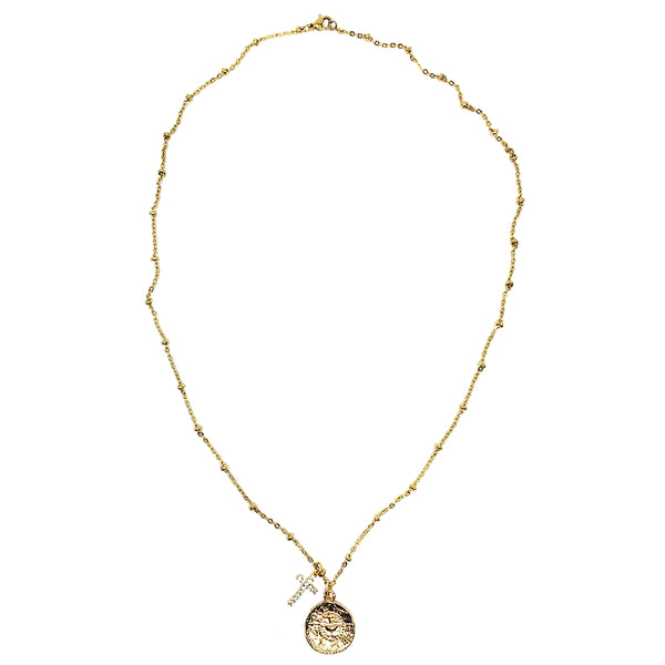 Gold and diamond cz coin and cross necklace 