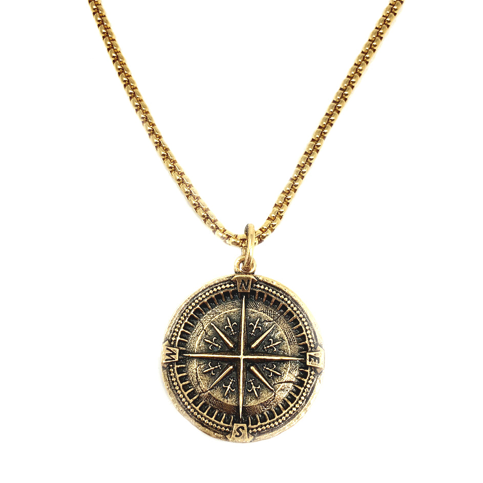 Lg. Silver/Gold Compass Coin Necklace, stainless chain, Men. Shop NOW