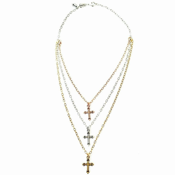 bbeni three layer silver, gold, and rose gold tri-tone christian cross necklace