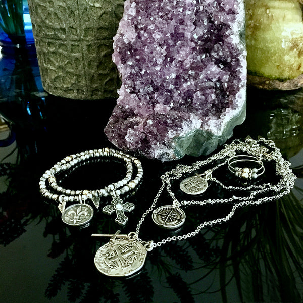 Long silver coin necklace deals