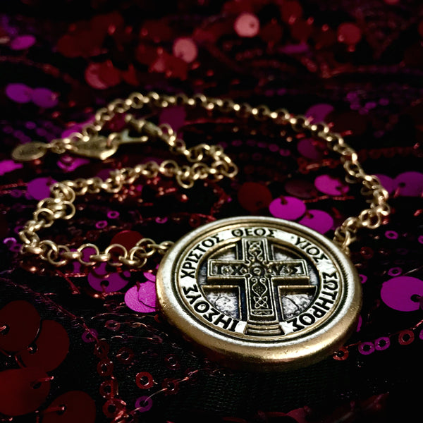 Gold Greek IXOYE cross coin necklace 